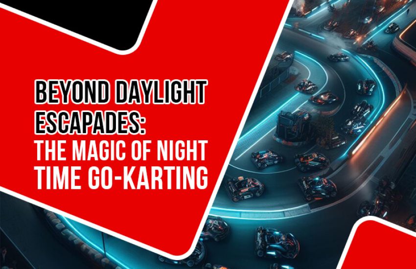 Exciting night time go-karting under the vibrant glow of track lights, providing a thrilling and adventurous experience.