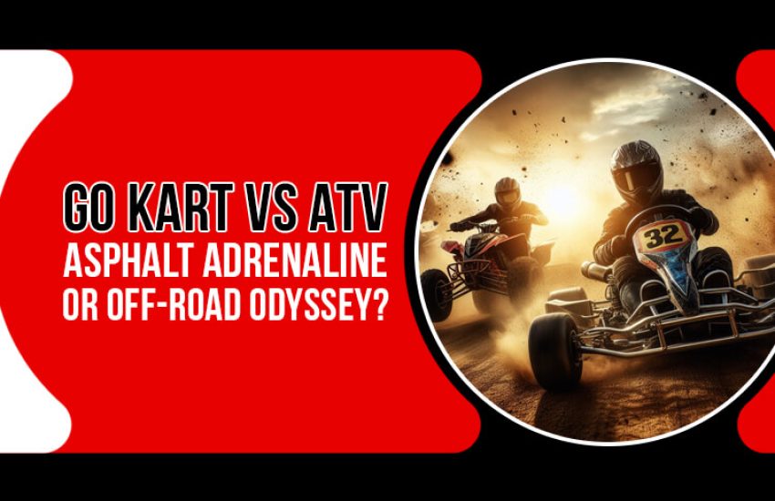 A side-by-side comparison of an go kart vs ATV on a dusty track.